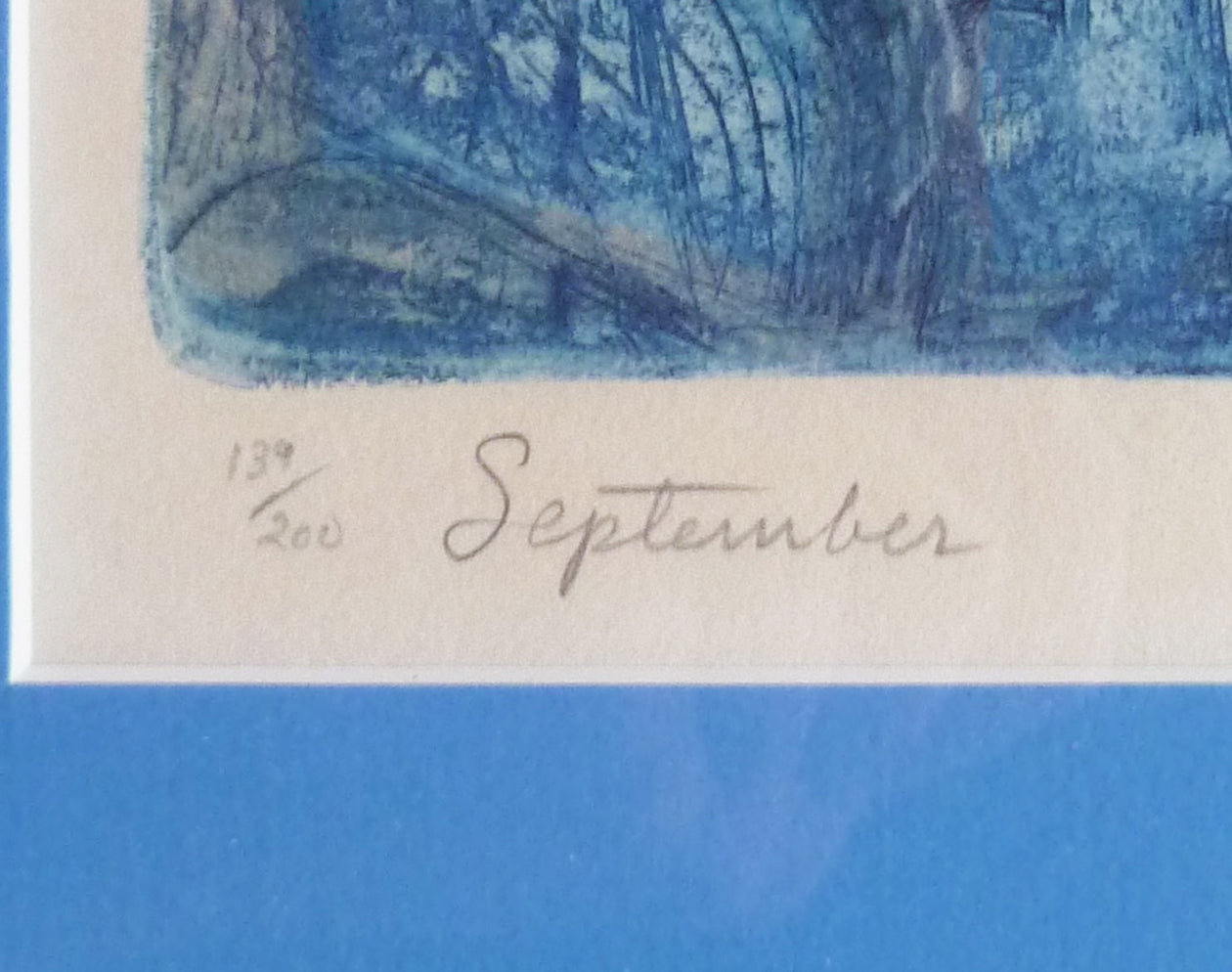 Irving Amen framed blue etching titled September - title image