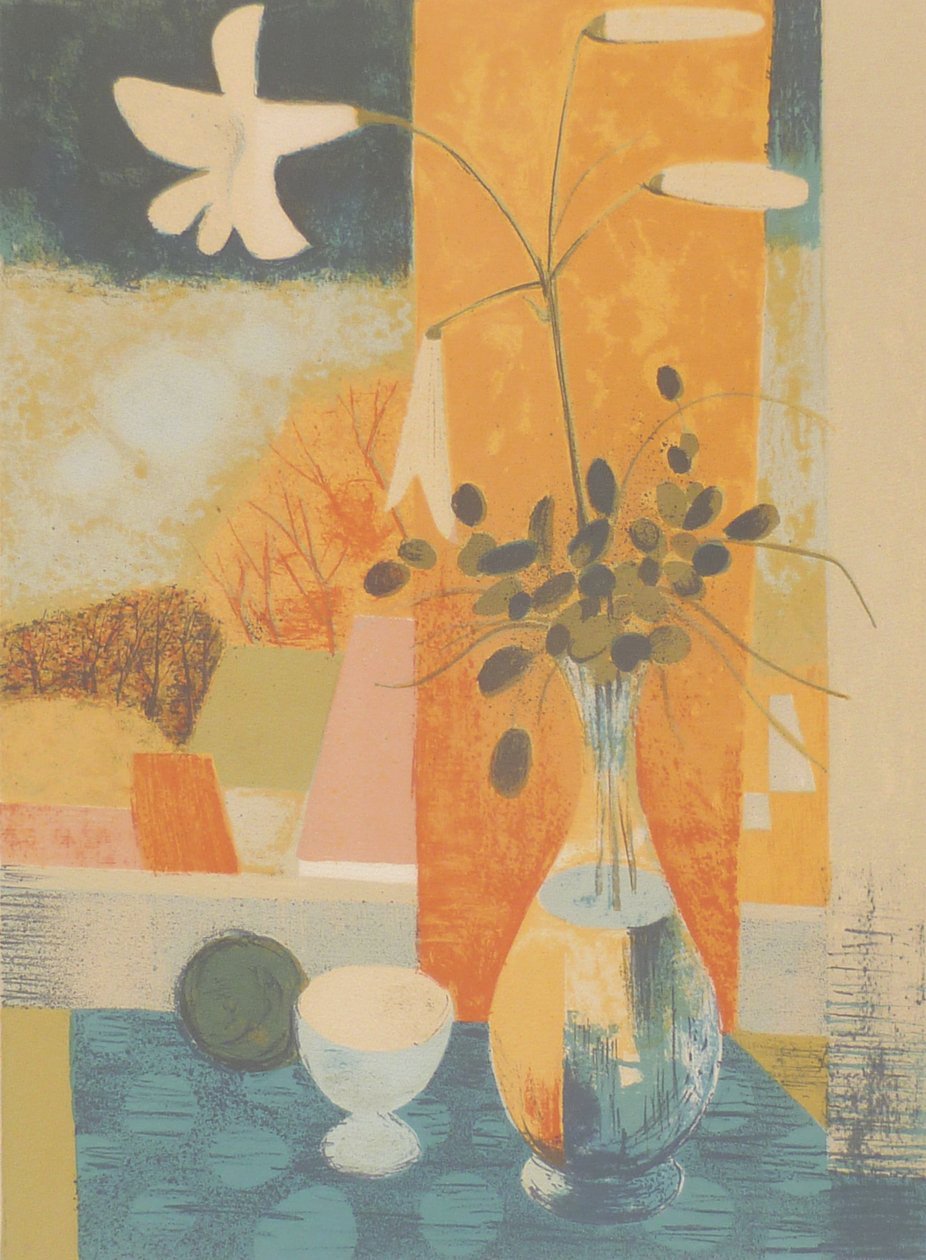 Pierre Bisiaux abstract vase of flowers colour lithograph close  image