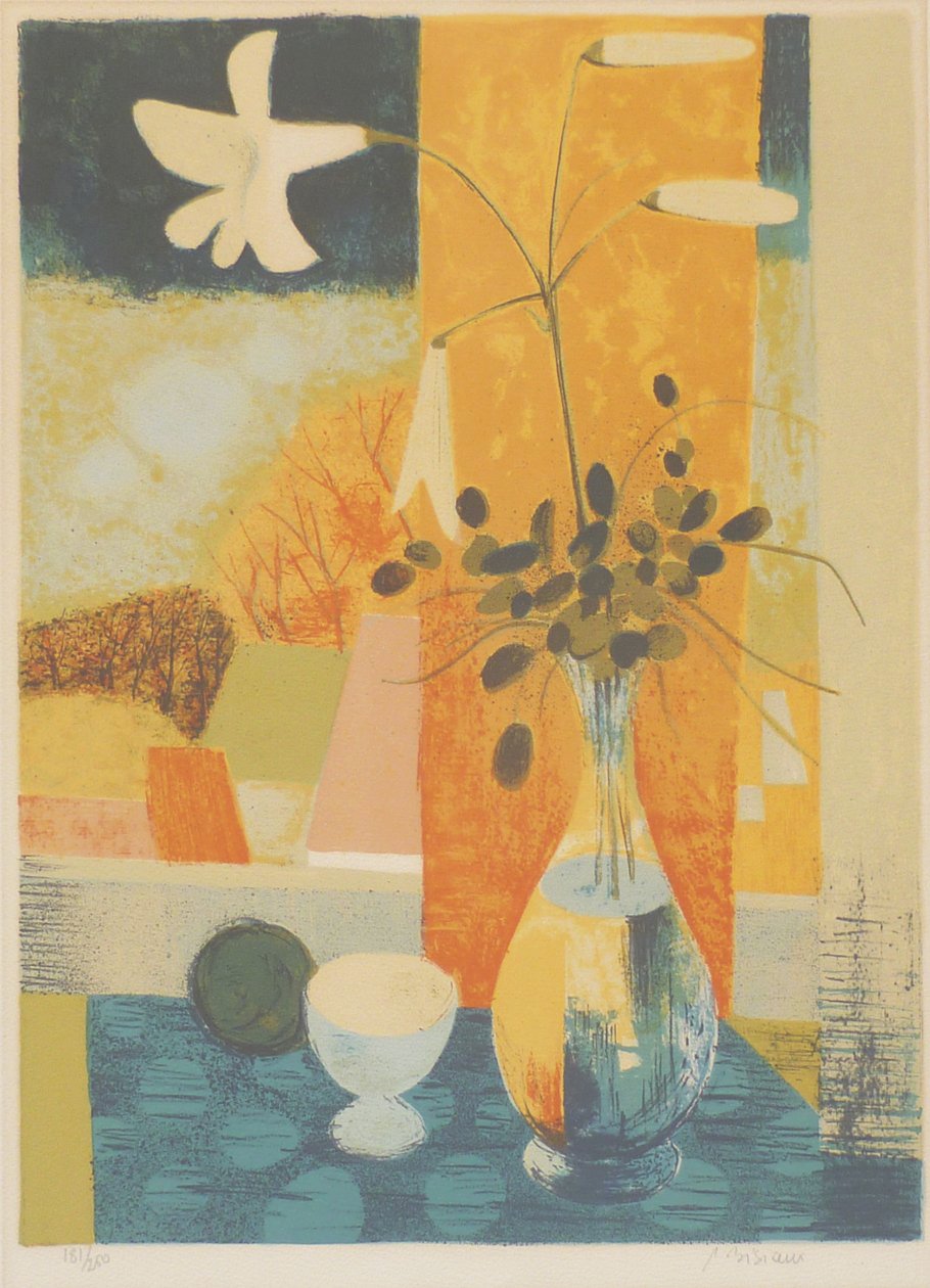 Pierre Bisiaux abstract vase of flowers colour lithograph mat image