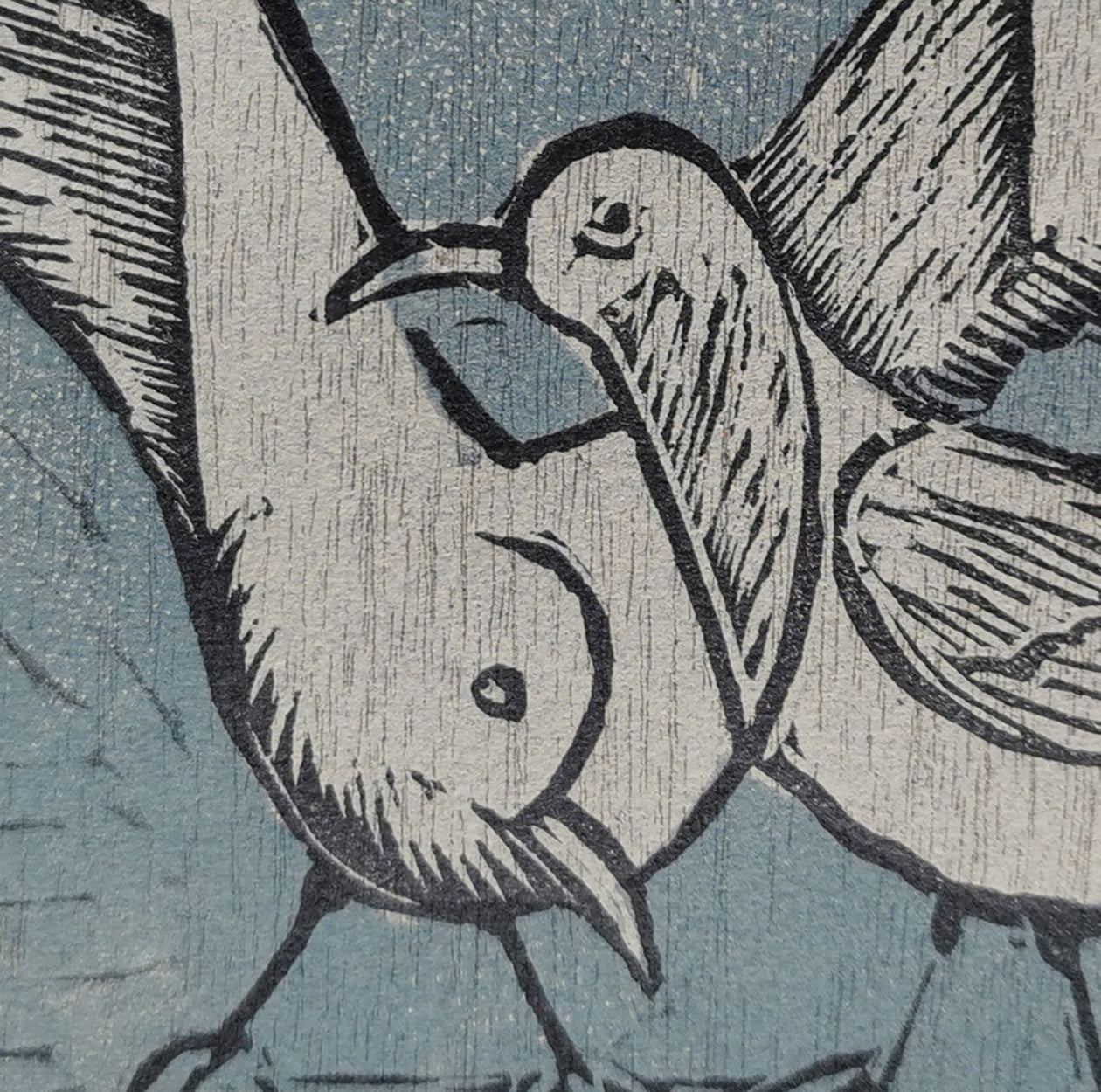 artist Riva Helfond woodcut Two Gulls close up view
