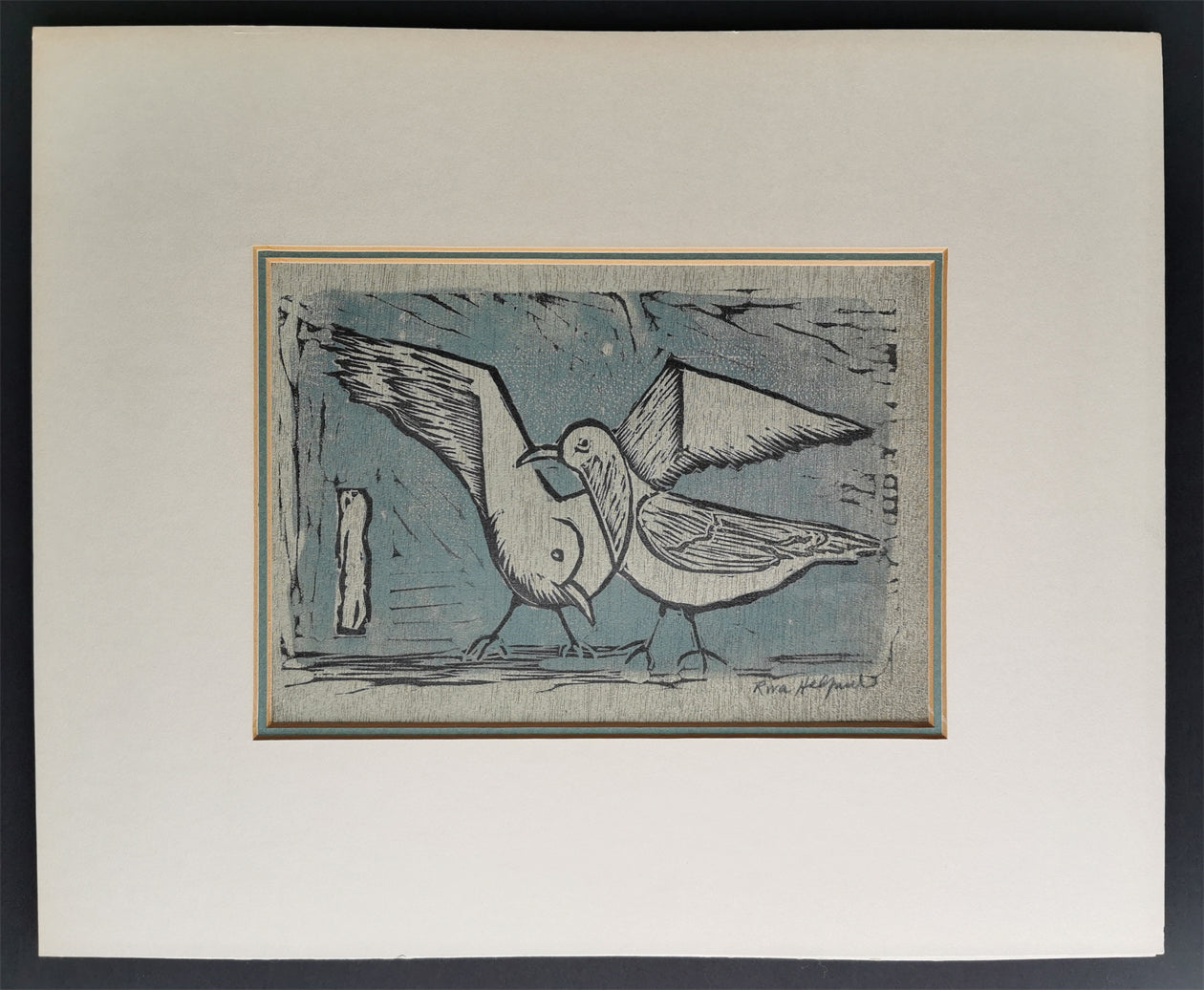 artist Riva Helfond woodcut Two Gulls full sheet