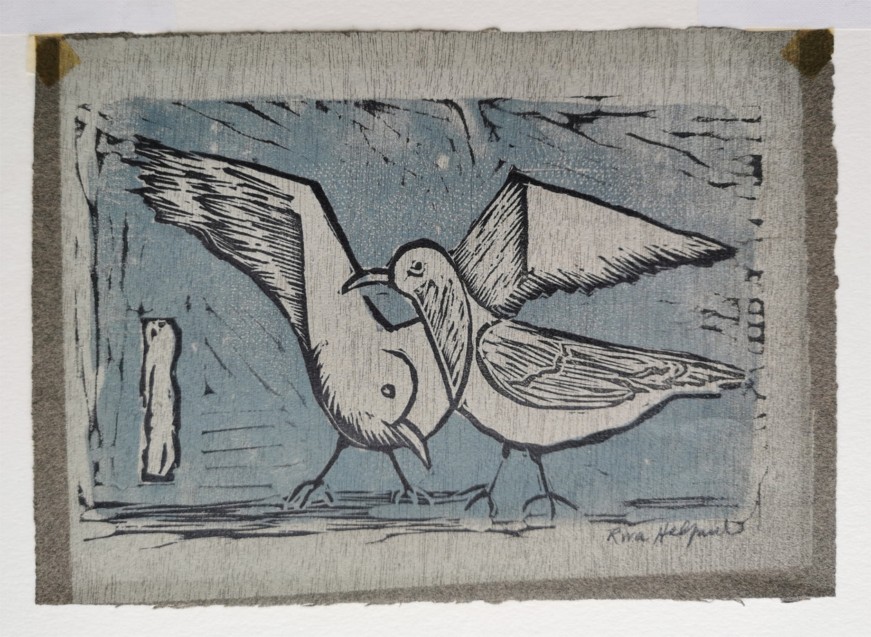artist Riva Helfond woodcut Two Gulls paper sheet edges