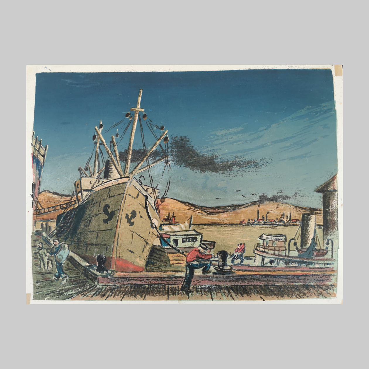 Ernest Hopf Colour Silkscreen Seaside Wharf Scene main image
