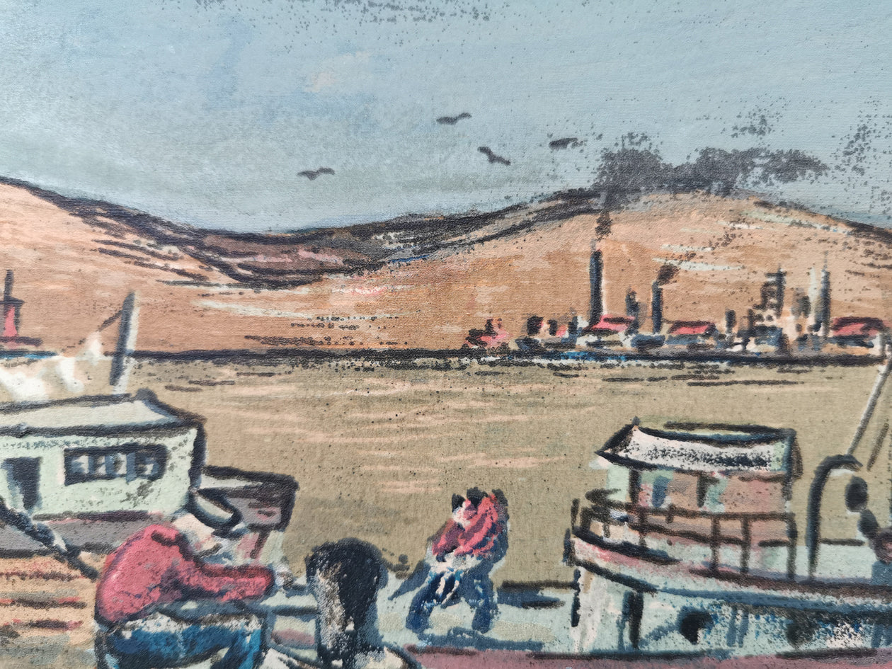 Ernest Hopf Colour Silkscreen Seaside Wharf Scene Close up image 1