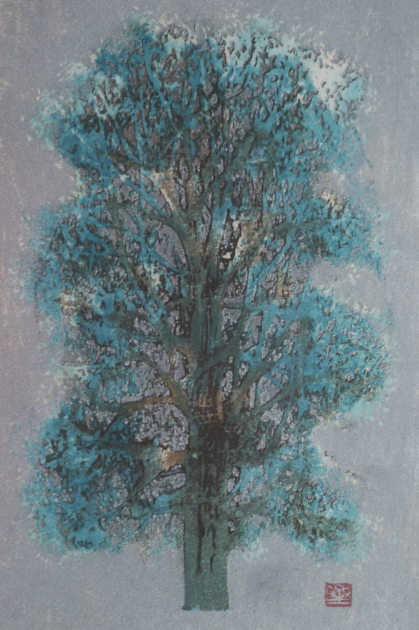 Joichi Hoshi colour woodcut Trees series - close up image