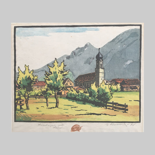 Unknown Artist Colour Woodblock of Village Church main image 