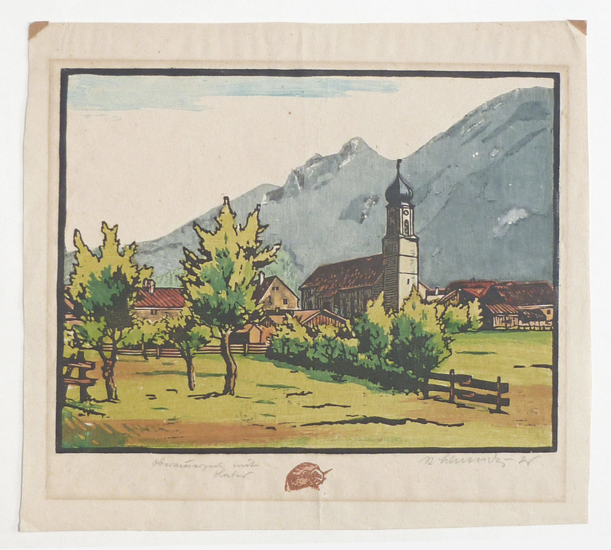 Unknown Artist Colour Woodblock of Village Church full image 