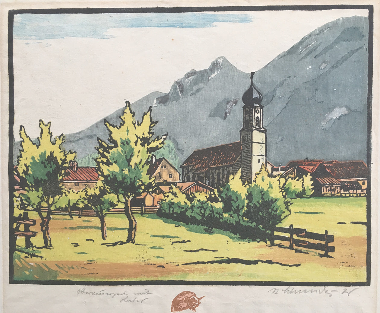Unknown Artist Colour Woodblock of Village Church mat view image 