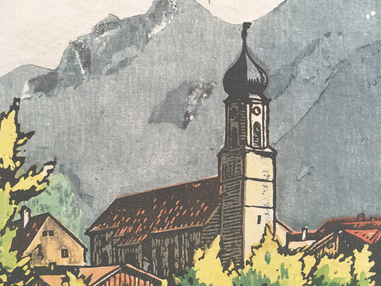 Unknown Artist Colour Woodblock of Village Church close up image 